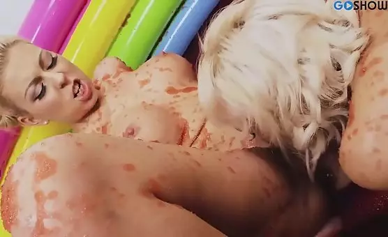 Blonde Brunette Drench Each Other in Red Bath, Pleasure Pool Party